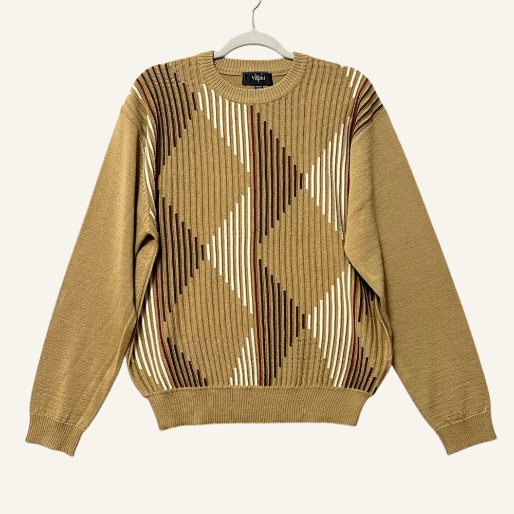Villini Mens Tan Textured Argyle Sweater Size Medium Wool Blend